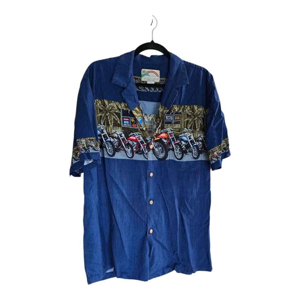 Paradise Found Blue Motorcycle Tiki Tavern Hawaiian Shirt Large